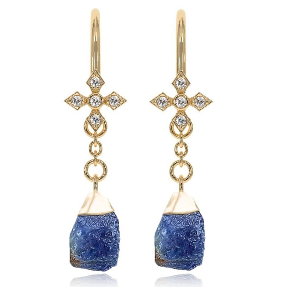 7815 Blue Sapphire Earrings in Raw Stone Drop Shape - 18K Gold Vermeil